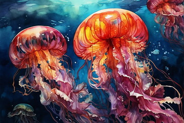 Marine life in watercolor illustration. Underwater world. Jellyfishes  in the dark blue ocean water. Poster