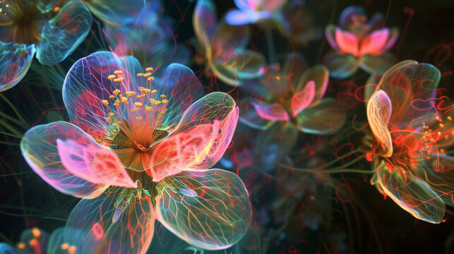 Illuminated Neon-Colored Flowers Under Black Light in a Darkened Room