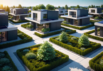futuristic village with streets, paths and newly built private houses, gardens with shrubs and young trees, solar panels on the roofs, eco-friendly housing, - obrazy, fototapety, plakaty