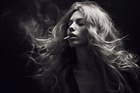 a girl with full lips and long hair thoughtfully smokes a cigarette, black and white version