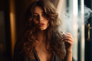 girl with plump lips and long hair smokes a cigarette beautifully and thoughtfully - obrazy, fototapety, plakaty