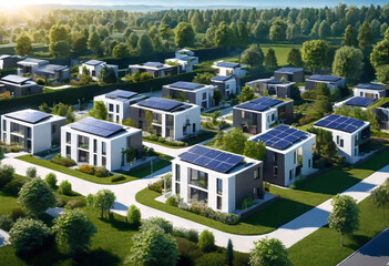 futuristic village with streets, paths and newly built private houses, gardens with shrubs and young trees, solar panels on the roofs, eco-friendly housing, - obrazy, fototapety, plakaty