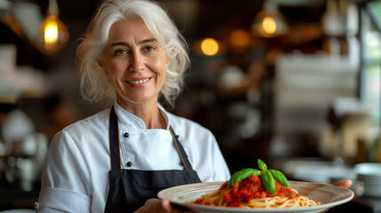 A chef woman showing a dish of pasta with tomato sauce.
