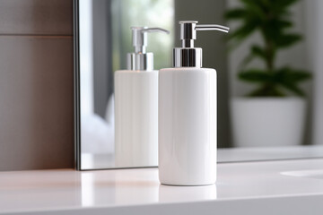 Fototapeta na wymiar Soap dispenser bottle in bathroom