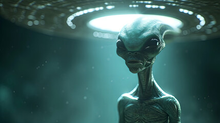 Portrait of Alien stand under the spotlight of a flying saucer