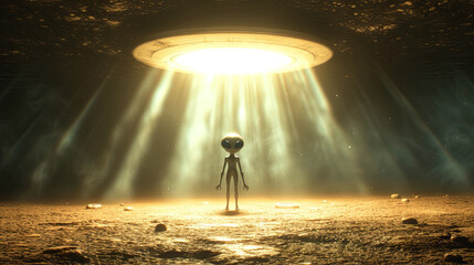 Cartoon Alien stand under the spotlight of a flying saucer, yellow light	 - obrazy, fototapety, plakaty