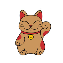 Lucky waving cat sitting. Kawaii style vector. Feng shui Success symbol. 