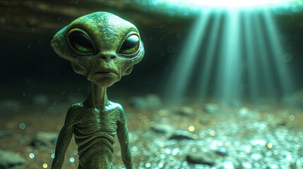 Portrait of Alien stand under the spotlight of a flying saucer - obrazy, fototapety, plakaty