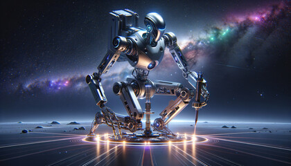 Futuristic space robot conducting advanced tasks in cosmic setting.