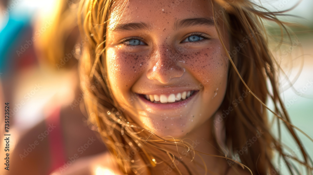 Wall mural close-up portrait of a tanned teenager on the ocean.