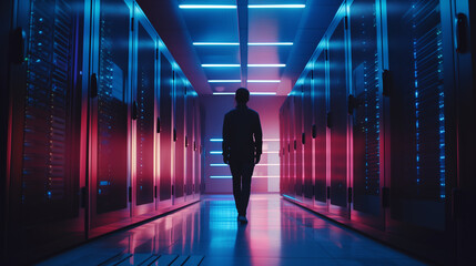 A modern man confidently walks down a futuristic hallway in a high-tech server room.