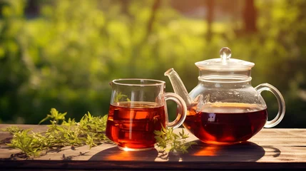 Fotobehang Black tea in glass cup and teapot on summer outdoor background. Copy space. © Ziyan