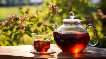Black tea in glass cup and teapot on summer outdoor background. Copy space. - obrazy, fototapety, plakaty