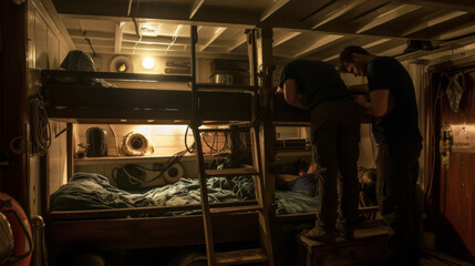 Obraz na płótnie Canvas As the ships crew rests for the night the carpenter stays up late repairing a broken wooden bunk bed for a new recruit.