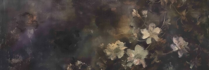 Obraz na płótnie Canvas Dark Abstract Flower in Dark Brown and Tan Atmosphere - Classical European Oil Flower Painting Style - Vivid Ethereal Lyrical Flower Canvas Painting Background created with Generative AI Technology