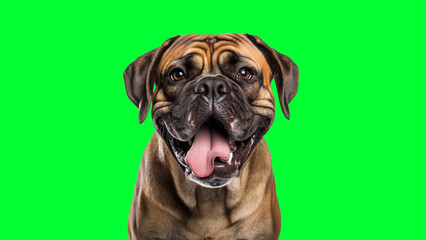 Obraz premium Portrait photo of smiling Bullmastiff on green background