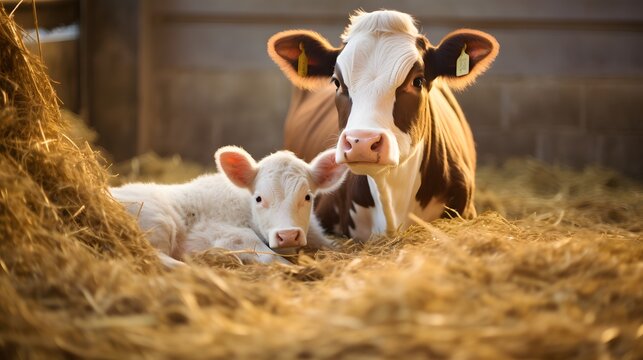 Cow and newborn calf lying in straw at cattle farm. Domestic animals husbandry and reproduction.
