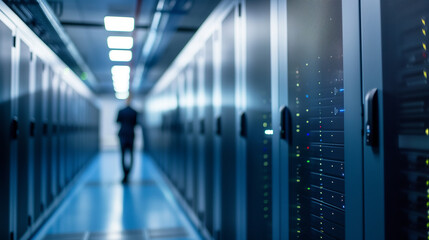 Fototapeta premium A modern data center hallway with neon lights showcases a person in a futuristic setting.