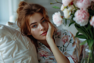 Obraz na płótnie Canvas Attractive young woman in the pajamas with peonies flowers