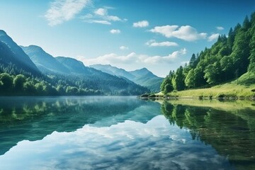 Fototapeta na wymiar Scenic morning lake surrounded by mountains and nature. Serene shoreline and stunning scenery. Generative AI