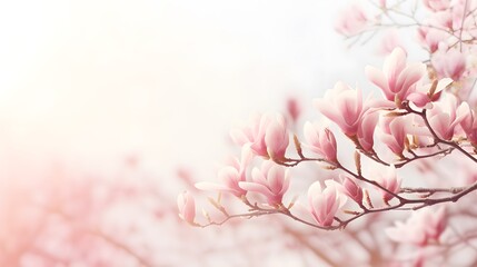 flowering magnolia blossom on sunny spring background, close-up of beautiful springtime flora,...