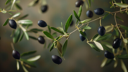 Close-up of olives on a branch.