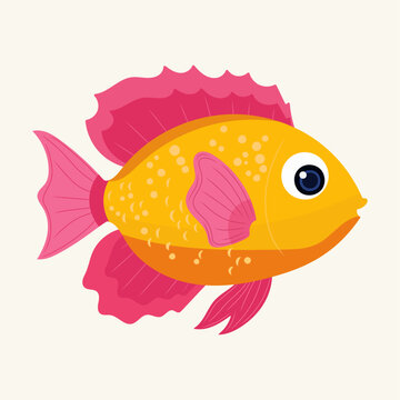 Vibrant pink cartoon fish on isolated background. Children's style. For cartoon characters, postcards, icons.