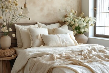 White pillows and duvet on the bed. Bedroom with bed and bedding. Generative AI