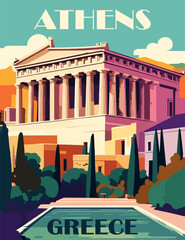 Naklejka premium Athens, Greece Travel Destination Poster in retro style. Landscape with acropolis print. Europe summer vacation, tourism, holidays concept. Vintage vector colorful illustration.