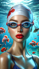 Underwater portrait of a woman with striking red lips, wearing goggles and a floral swim cap surrounded by tropical fish.Sport Concept.AI generated.