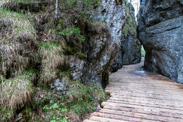 Wooden bridge through Foelzklamm along scenic hiking trail to Foelzkogel in idyllic Hochschwab mountain region, Styria, Austria. Majestic gorge in remote Austrian Alps. Wanderlust in alpine summer