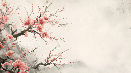 Chinese traditional landscpae with old paper texture featuring plum blossom - obrazy, fototapety, plakaty