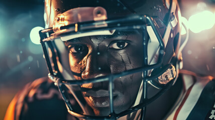 Close-up of the face of a strong American football player.