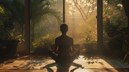 Ragazza pratica yoga all'alba