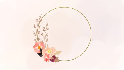 floral decoration in circle shape for wedding invitation template isolated on pink background