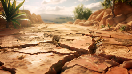 A cracked, dry outback landscape, showcasing the impact of climate change on the environment, global warming concept