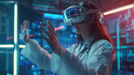 Female medical professional engaged with virtual reality equipment, fusion of AI and immersive technology in futuristic healthcare