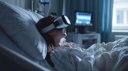 Disabled woman wearing VR goggles to experience virtual reality on bed in hospital