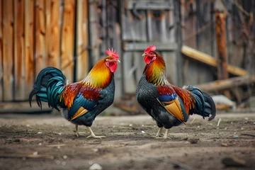 Fotobehang Free range chickens on grass at farm. © Pacharee