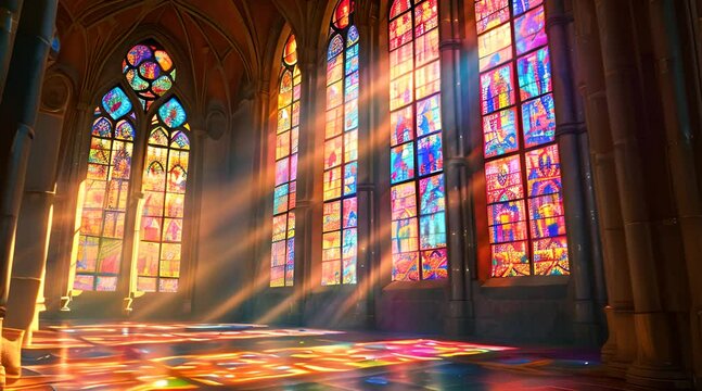 stained glass window in church, an intricate stained glass window casting colorful patterns of light onto the interior of a historic cathedral or church
