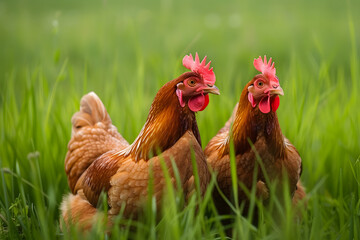 Fototapeta premium Free range chickens on grass at farm.