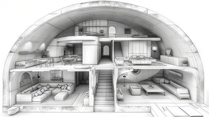 architectural model drawing of an underground nuclear bunker and underground house concept: underground bunker life in an underground house, shelter from a nuclear explosion