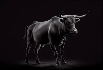 Foto op Canvas a black bull with horns standing in a dark room with a black background and a black background behind it is a black background with a black background and white border with a black. Generative AI © Yseult