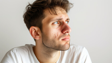 Fototapeta premium Thoughtful Young Man with Blue Eyes and Acne Scars