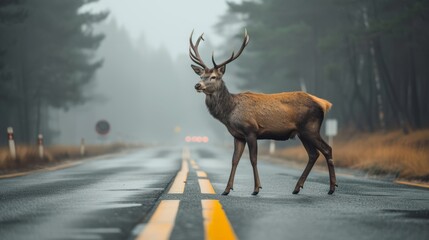 Majestic Deer Crossing a Misty Forest Road - obrazy, fototapety, plakaty