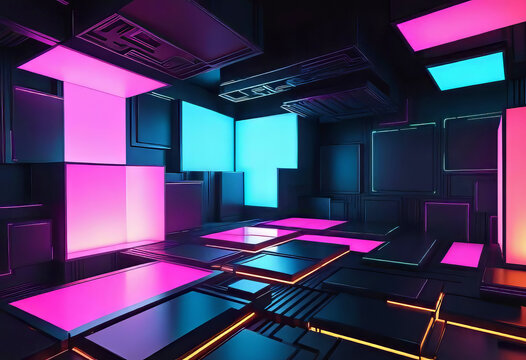 Abstract modern background with squares and 3D cubes with a cyberpunk atmosphere and fiery lighting,