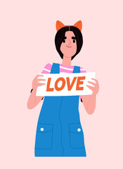 Kpop group fan concept. Woman in blue sundress with placard. Supporter for musical korean group. Template and layout. Cartoon flat vector illustration isolated on pink background