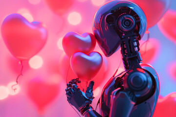 Fototapeta premium Robot Expressing Emotions, Holding Heart-Shaped Balloon, Conceptual Love and AI