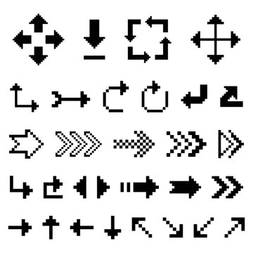 Set of black arrow directions pixel art 8 bit style