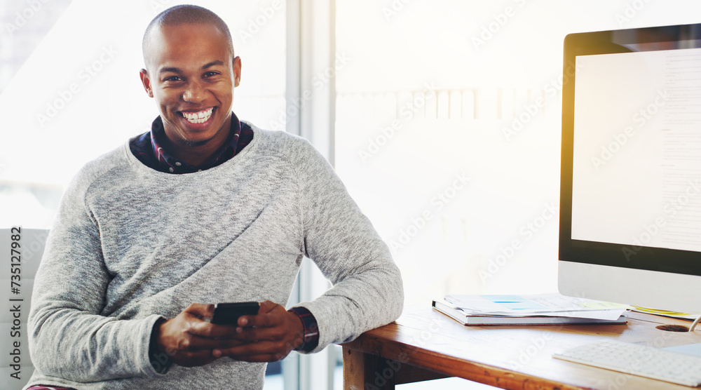 Aufkleber businessman, happy and portrait with cellphone in office, message and social media for online networ